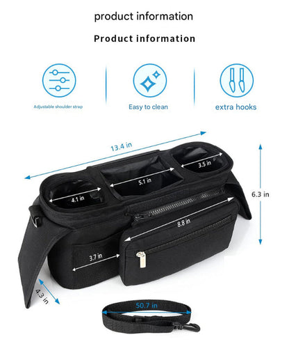 Grey and Black Stitching Universal Stroller Organiser Caddy with Insulated Cup Holders and Detachable Wristlet
