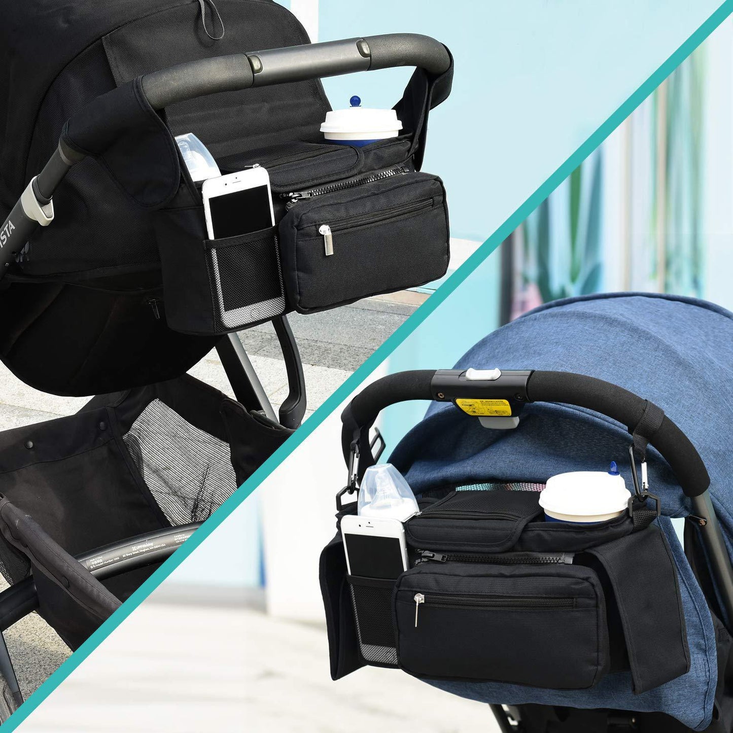 Black and Pink Stitching Universal Stroller Organiser Caddy with Insulated Cup Holders and Detachable Wristlet