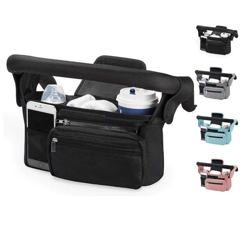 Pink and Black Stitching Universal Stroller Organiser Caddy with Insulated Cup Holders and Detachable Wristlet