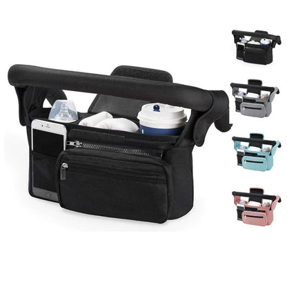 Pink and Black Stitching Universal Stroller Organiser Caddy with Insulated Cup Holders and Detachable Wristlet