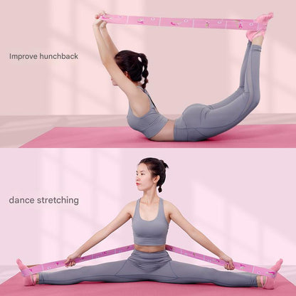 Pink Instructional Yoga Stretch Strap with Embroidered Pose Guide - 11-Loop Flexibility Band