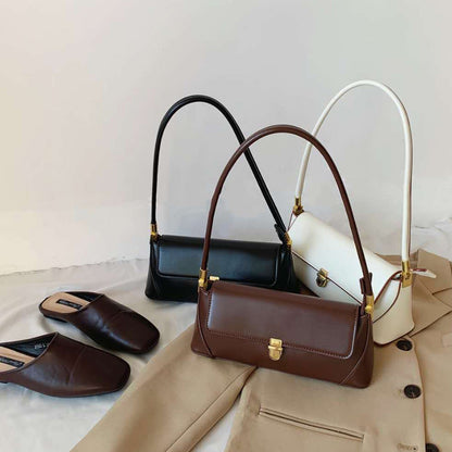 Brown Elegant Vintage Baguette Shoulder Bag - Chic PU Leather Underarm Purse with Gold Clasp