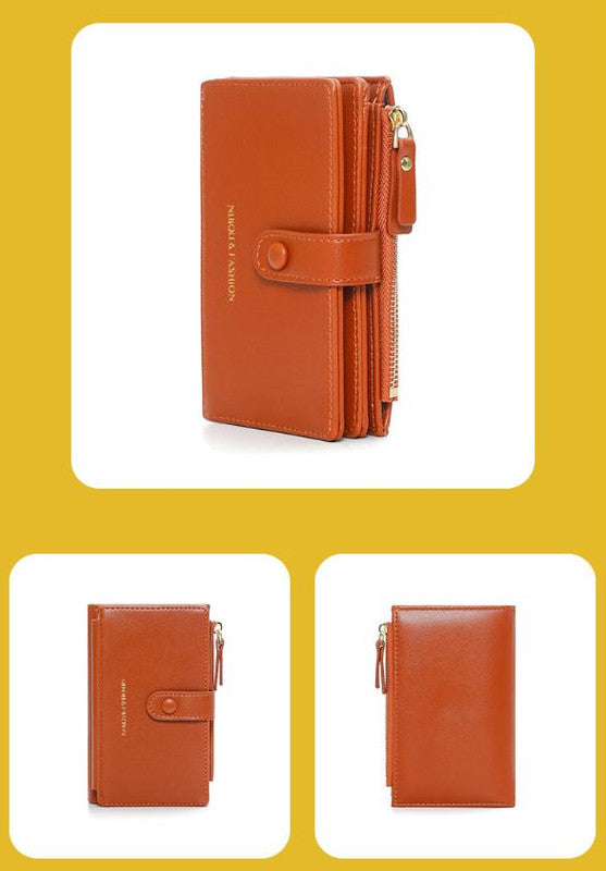 Khaki Compact Bifold Wallet for Women - High Capacity PU Leather Purse with Zipper Coin Pocket
