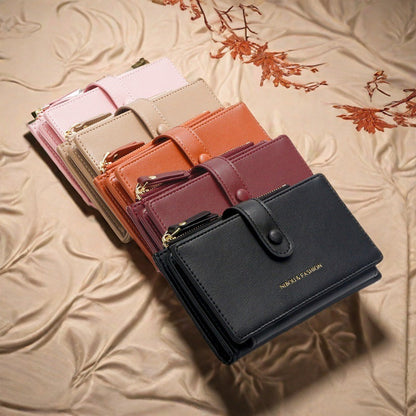 Dark Red Compact Bifold Wallet for Women - High Capacity PU Leather Purse with Zipper Coin Pocket
