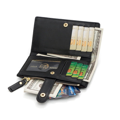 Dark Red Compact Bifold Wallet for Women - High Capacity PU Leather Purse with Zipper Coin Pocket
