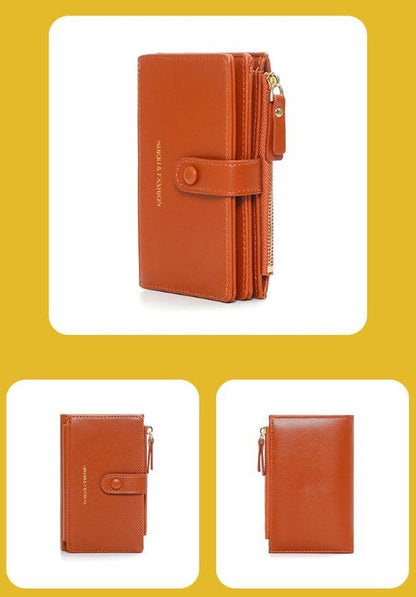 Dark Red Compact Bifold Wallet for Women - High Capacity PU Leather Purse with Zipper Coin Pocket