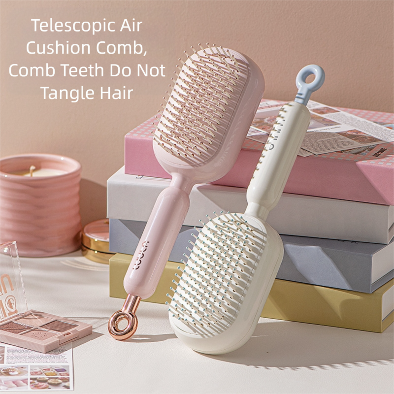 Blue Innovative Self-Cleaning Cushion Hairbrush - Retractable Bristle Detangling & Scalp Massager