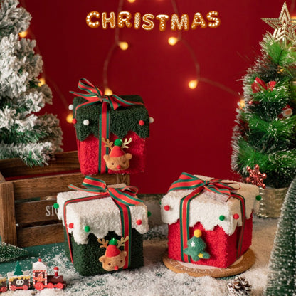 Red and White Luxe Plush Christmas Gift Box - Decorative Holiday Treat Box with Snowy Trim