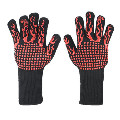 Red Flame Pattern Extreme Heat Resistant BBQ Gloves - 500Â°C Flame Design Oven Gloves with Non-Slip Silicone Grip