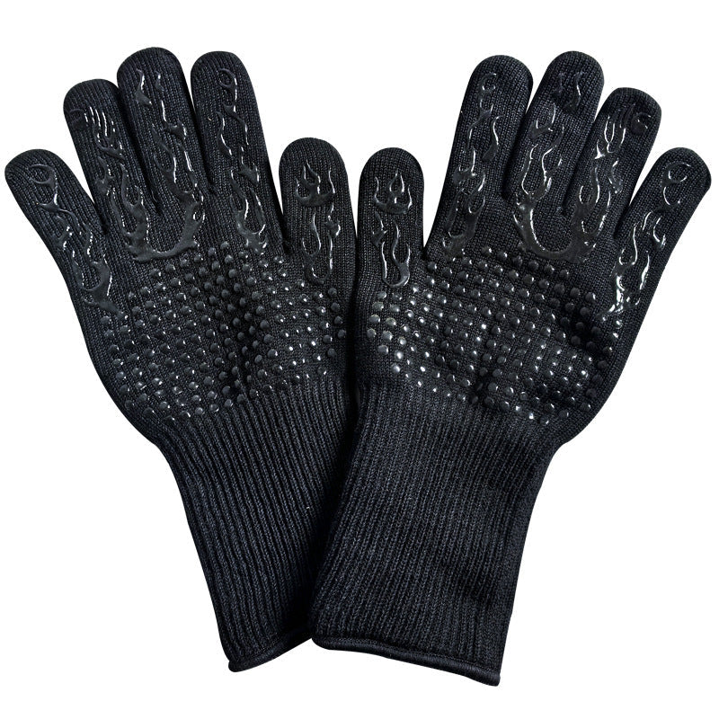 Black Flame Pattern Extreme Heat Resistant BBQ Gloves - 500Â°C Flame Design Oven Gloves with Non-Slip Silicone Grip