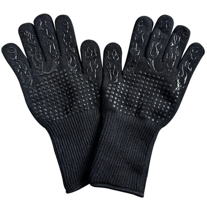 Black Flame Pattern Extreme Heat Resistant BBQ Gloves - 500Â°C Flame Design Oven Gloves with Non-Slip Silicone Grip