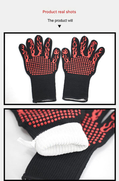 Black Flame Pattern Extreme Heat Resistant BBQ Gloves - 500Â°C Flame Design Oven Gloves with Non-Slip Silicone Grip