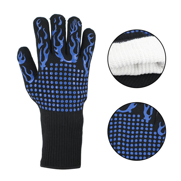 Blue Flame Pattern Extreme Heat Resistant BBQ Gloves - 500Â°C Flame Design Oven Gloves with Non-Slip Silicone Grip