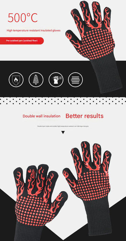 Blue Flame Pattern Extreme Heat Resistant BBQ Gloves - 500Â°C Flame Design Oven Gloves with Non-Slip Silicone Grip