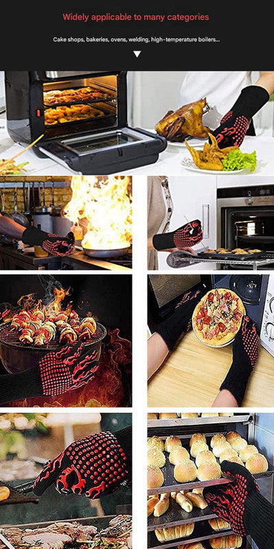 Blue Flame Pattern Extreme Heat Resistant BBQ Gloves - 500Â°C Flame Design Oven Gloves with Non-Slip Silicone Grip