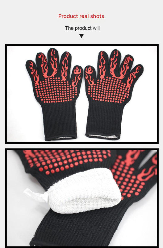 Blue Flame Pattern Extreme Heat Resistant BBQ Gloves - 500Â°C Flame Design Oven Gloves with Non-Slip Silicone Grip