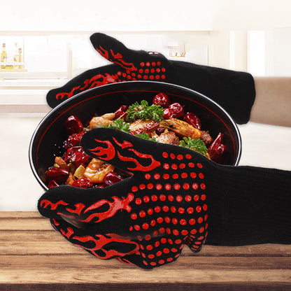 Blue Flame Pattern Extreme Heat Resistant BBQ Gloves - 500Â°C Flame Design Oven Gloves with Non-Slip Silicone Grip