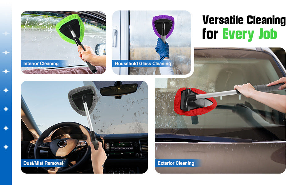Blue Car Windshield Cleaner Tool, Inside with 4 Reusable and Washable Microfiber Pads and Extendable Handle, Moisture Removal Tool