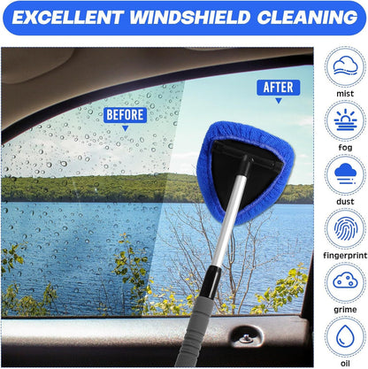 Green Car Windshield Cleaner Tool, Inside with 4 Reusable and Washable Microfiber Pads and Extendable Handle, Moisture Removal Tool