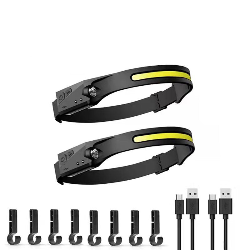 2 Pcs Black Bright COB LED Headlamp with Motion Sensor - 230Â° Wide Beam for Outdoor Camping, Hiking & Fishing
