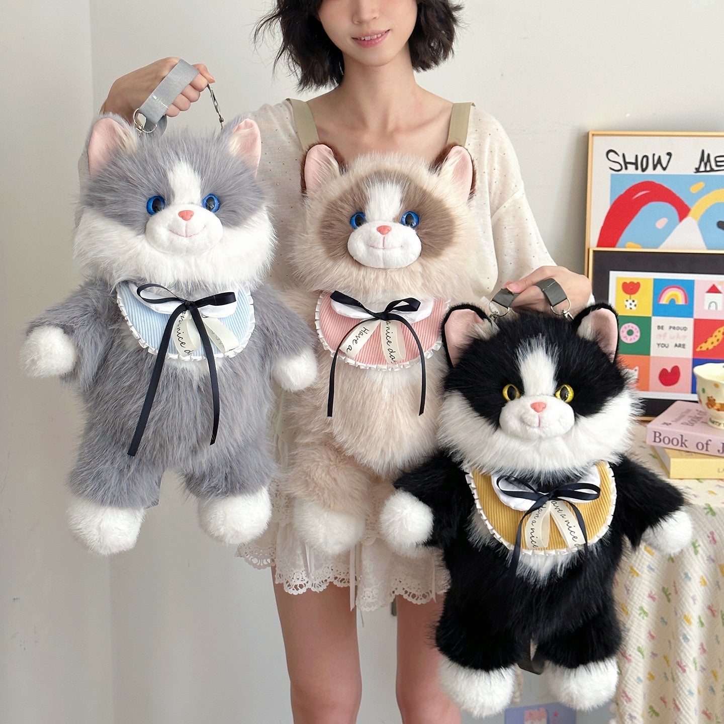Grey Adorable Plush Cat Backpack - Soft Furry Doll Bag with Zipper Compartment for Girls and Women