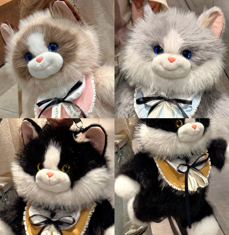 Grey Adorable Plush Cat Backpack - Soft Furry Doll Bag with Zipper Compartment for Girls and Women