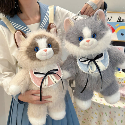 Black Adorable Plush Cat Backpack - Soft Furry Doll Bag with Zipper Compartment for Girls and Women
