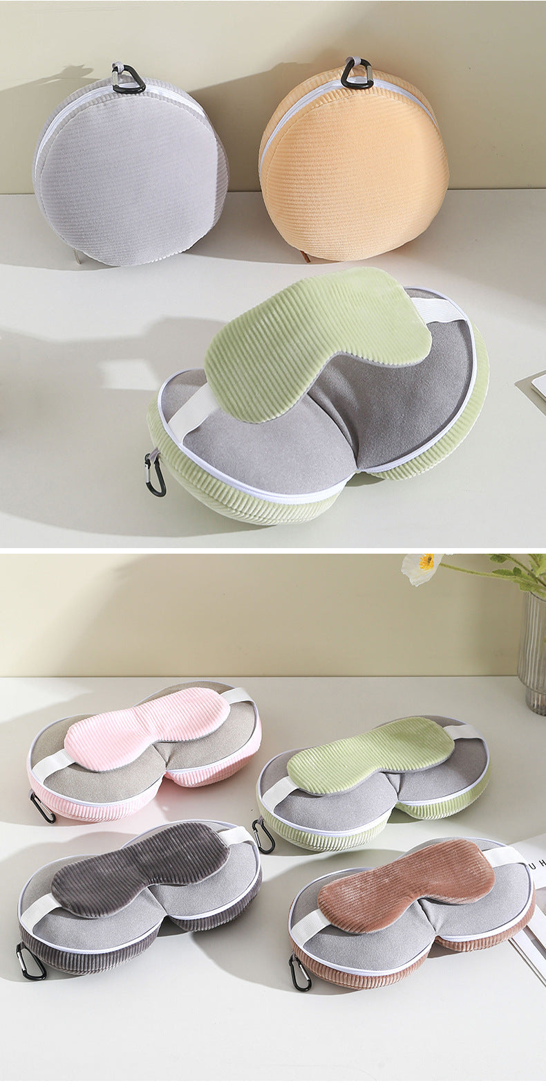 Brown and Grey 3-in-1 Foldable Sleep Eye Mask with Neck Pillow - Compact Travel Pillow for Airplane, Office Naps and Restful Sleep