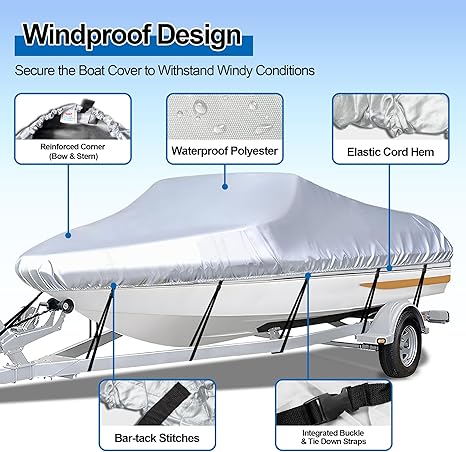 Black Heavy Duty Waterproof Tarp Covers with Storage Bag, Fits V-Hull, Fish&Ski, Pro-Style, Fishing, Runabout, Bass Boats, 16-18FT(570cm*300cm)
