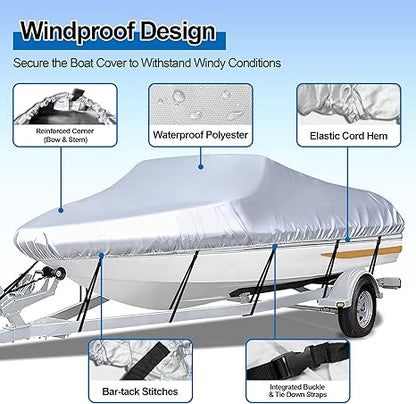 Black Heavy Duty Waterproof Tarp Covers with Storage Bag, Fits V-Hull, Fish&Ski, Pro-Style, Fishing, Runabout, Bass Boats, 16-18FT(570cm*300cm)
