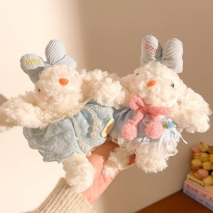 Blue Cute Floppy Eared Bunny Plush Doll with Pearl Necklace and Ribbon Dress - Adorable Keychain or Bag Charm for Girls(F-4973)