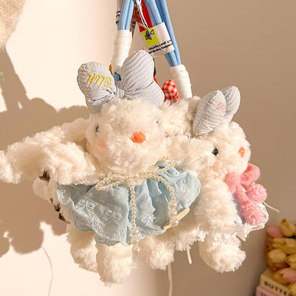 Blue Cute Floppy Eared Bunny Plush Doll with Pearl Necklace and Ribbon Dress - Adorable Keychain or Bag Charm for Girls(F-4973)