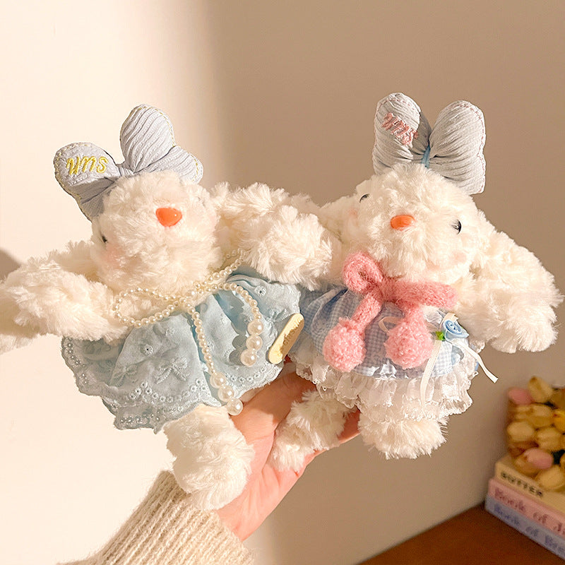 Light Pink Cute Floppy Eared Bunny Plush Doll with Pearl Necklace and Ribbon Dress - Adorable Keychain or Bag Charm for Girls(F-4974)