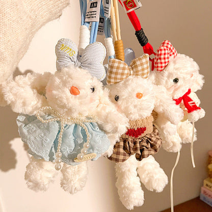 Light Pink Cute Floppy Eared Bunny Plush Doll with Pearl Necklace and Ribbon Dress - Adorable Keychain or Bag Charm for Girls(F-4974)