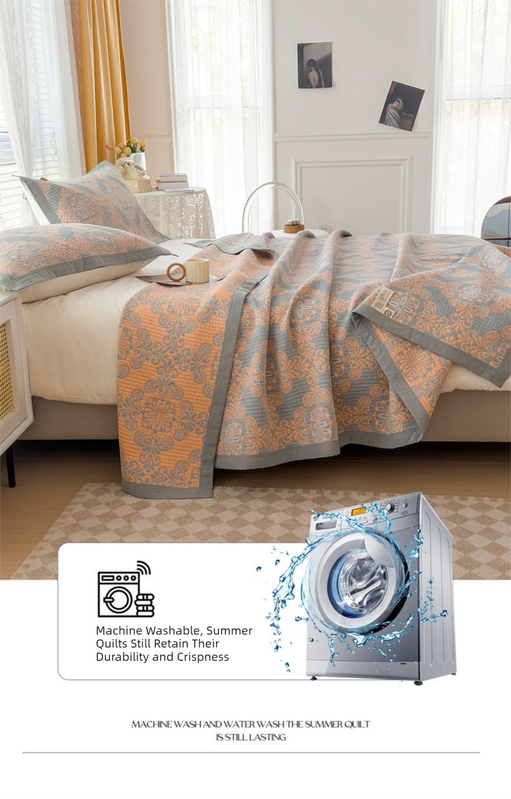 Grey and Orange Cotton Three-Layer Gauze Bed Cover Set - Reversible Vintage Printed Blanket with Two Pillowcases for Year-Round Use(120*150cm)