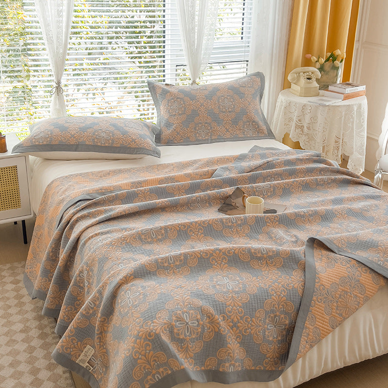 Grey and Orange Cotton Three-Layer Gauze Bed Cover Set - Reversible Vintage Printed Blanket with Two Pillowcases for Year-Round Use(150*200cm)