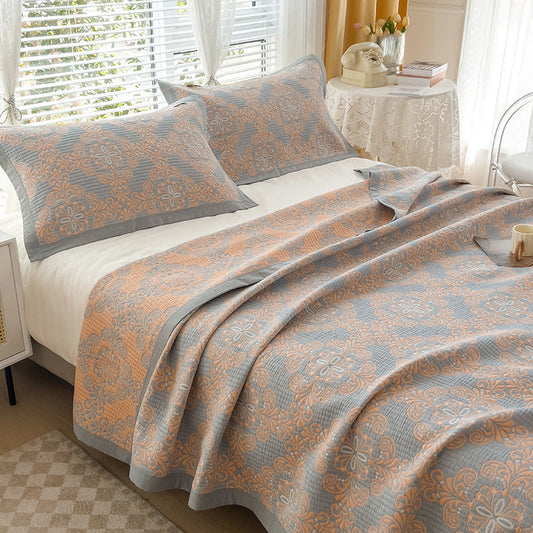 Grey and Orange Cotton Three-Layer Gauze Bed Cover Set - Reversible Vintage Printed Blanket with Two Pillowcases for Year-Round Use(150*200cm)