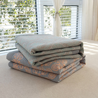 Grey and Green Cotton Three-Layer Gauze Bed Cover Set - Reversible Vintage Printed Blanket with Two Pillowcases for Year-Round Use(200*230cm)