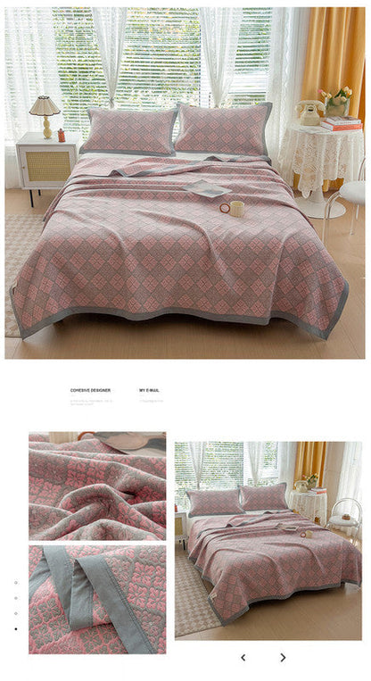 Grey and Pink Cotton Three-Layer Gauze Bed Cover Set - Reversible Vintage Printed Blanket with Two Pillowcases for Year-Round Use(120*150cm)
