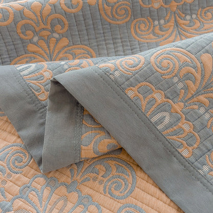 Grey and Pink Cotton Three-Layer Gauze Bed Cover Set - Reversible Vintage Printed Blanket with Two Pillowcases for Year-Round Use(120*150cm)