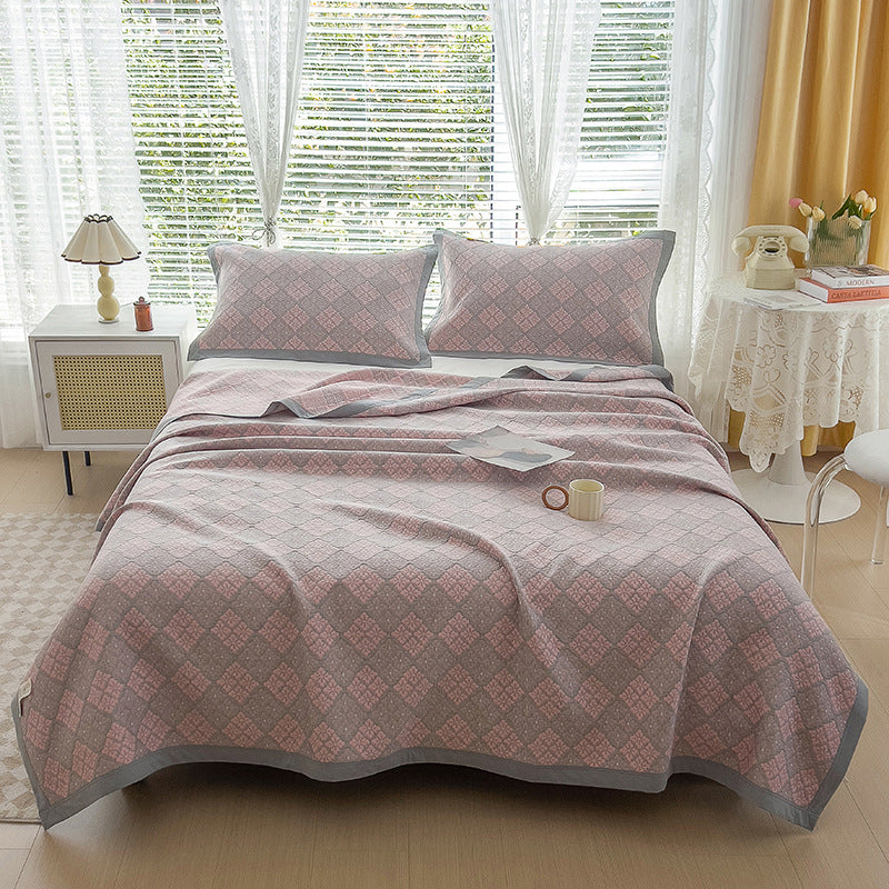 Grey and Pink Cotton Three-Layer Gauze Bed Cover Set - Reversible Vintage Printed Blanket with Two Pillowcases for Year-Round Use(150*200cm)