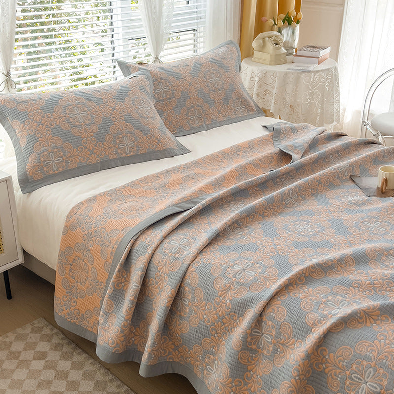 Grey and Pink Cotton Three-Layer Gauze Bed Cover Set - Reversible Vintage Printed Blanket with Two Pillowcases for Year-Round Use(150*200cm)
