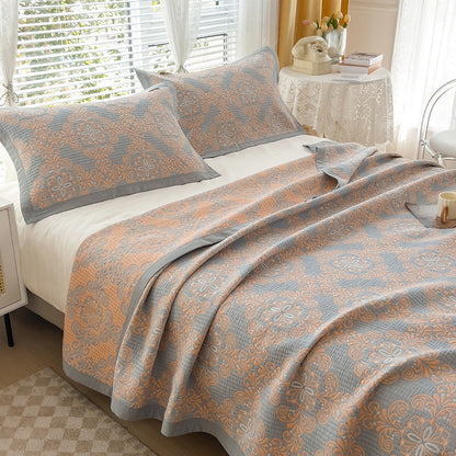 Grey and Pink Cotton Three-Layer Gauze Bed Cover Set - Reversible Vintage Printed Blanket with Two Pillowcases for Year-Round Use(150*200cm)