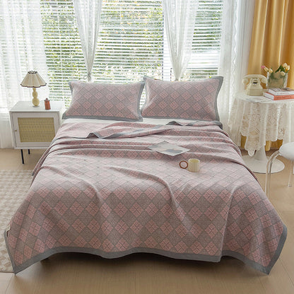 Grey and Pink Cotton Three-Layer Gauze Bed Cover Set - Reversible Vintage Printed Blanket with Two Pillowcases for Year-Round Use(200*230cm)