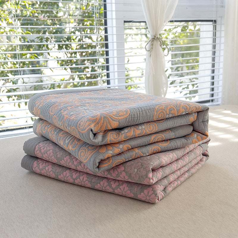 Grey and Pink Cotton Three-Layer Gauze Bed Cover Set - Reversible Vintage Printed Blanket with Two Pillowcases for Year-Round Use(200*230cm)