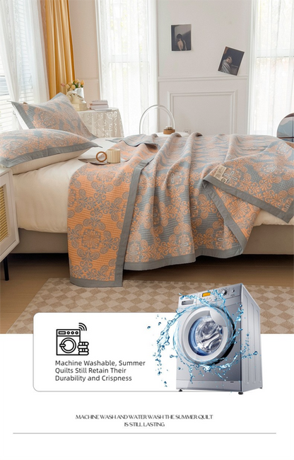 Grey and Pink Cotton Three-Layer Gauze Bed Cover Set - Reversible Vintage Printed Blanket with Two Pillowcases for Year-Round Use(200*230cm)