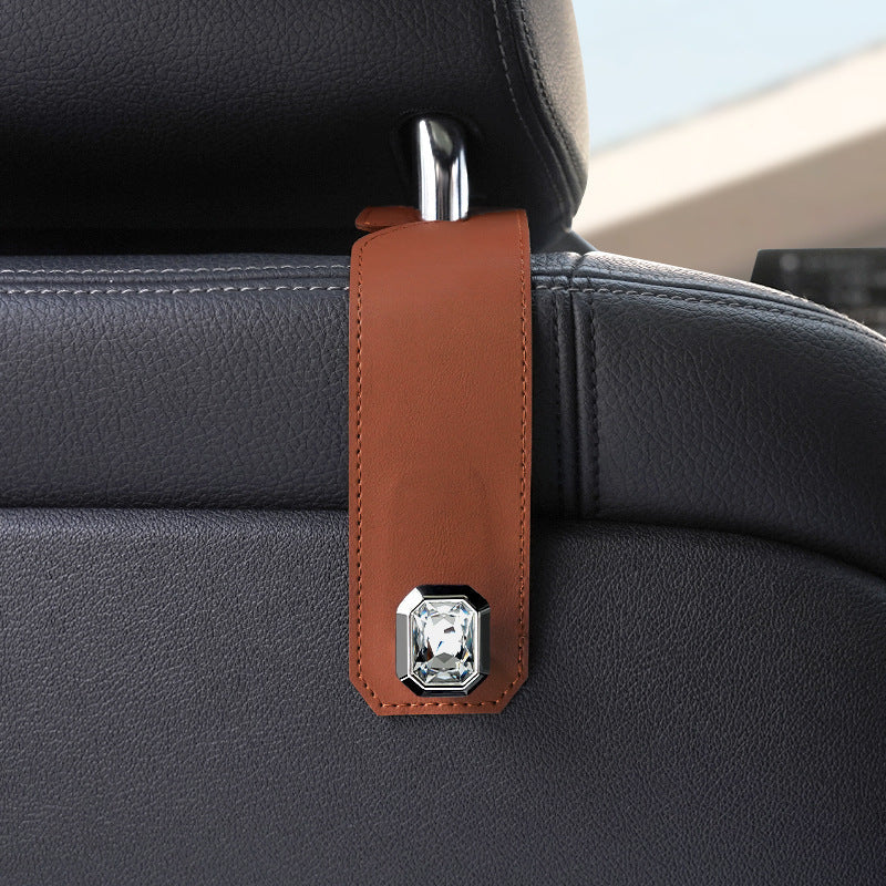 Brown Car Multi-Functional PU Leather Hook with Crystal Decoration â€“ Hidden Storage Hook for Front and Rear Seats (Set of 2)