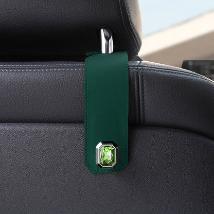 Green Car Multi-Functional PU Leather Hook with Crystal Decoration â€“ Hidden Storage Hook for Front and Rear Seats (Set of 2)