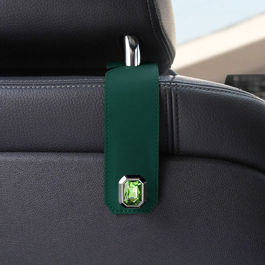 Green Car Multi-Functional PU Leather Hook with Crystal Decoration â€“ Hidden Storage Hook for Front and Rear Seats (Set of 2)