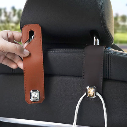 Claret Car Multi-Functional PU Leather Hook with Crystal Decoration â€“ Hidden Storage Hook for Front and Rear Seats (Set of 2)